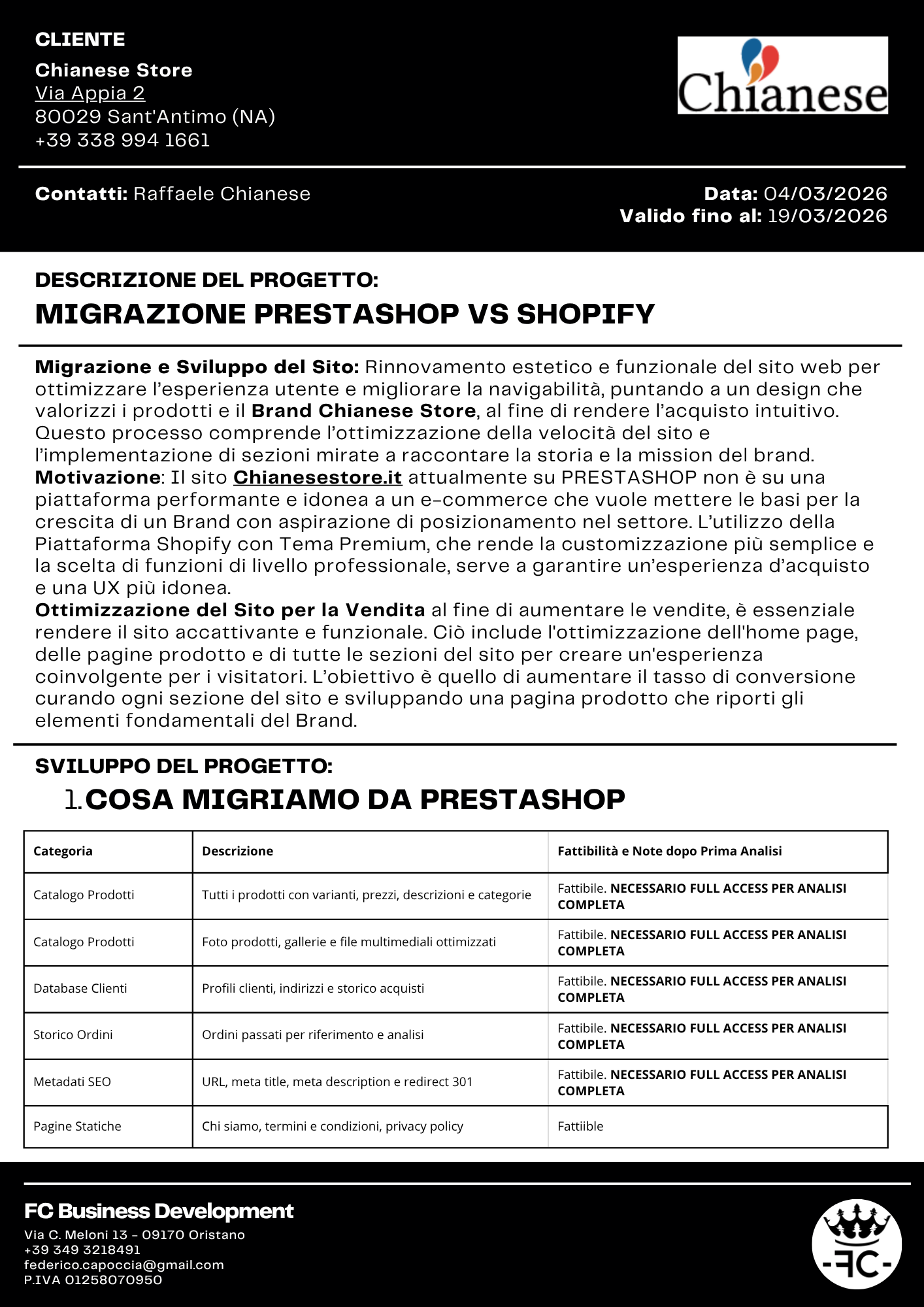 Progetto Migrazione CHIANESE - 50% Fine Lavori